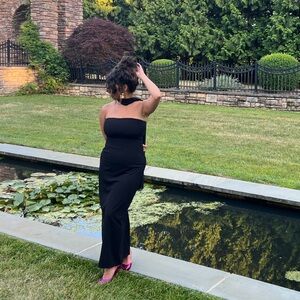 Elegant Black Maxi Dress with Neck Scarf